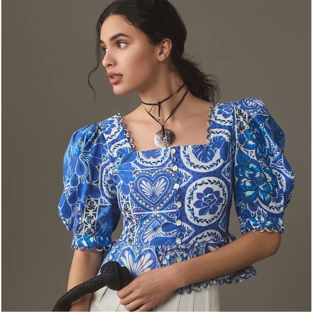 Farm Rio Tile Dream Short-Sleeve Blouse Size Large